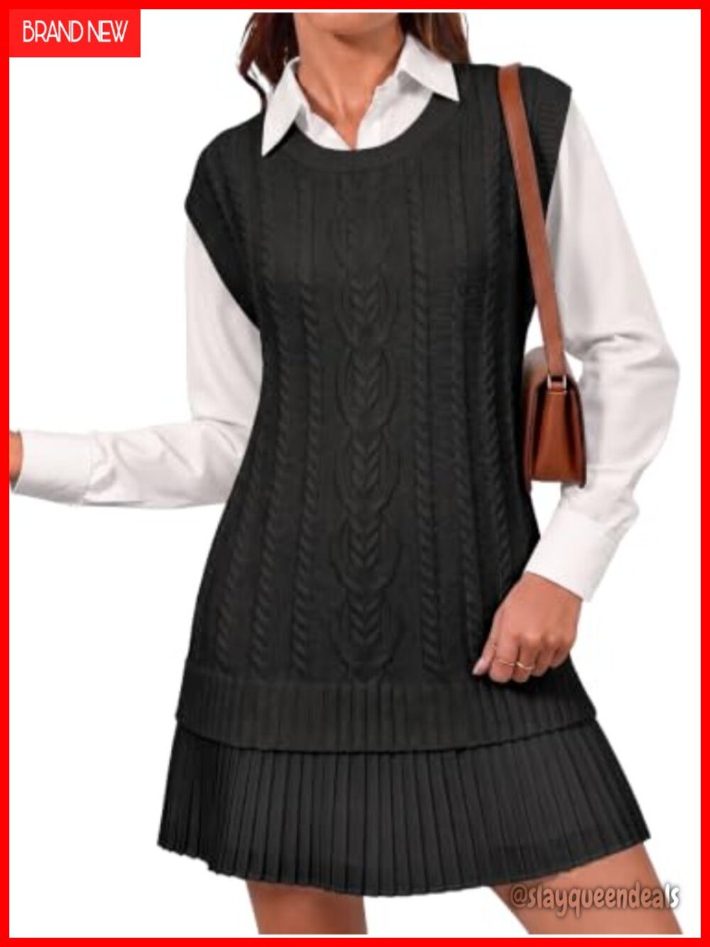 Cable Knit Sweater Vest Pleated Patchwork Sleeveless Mini Dress